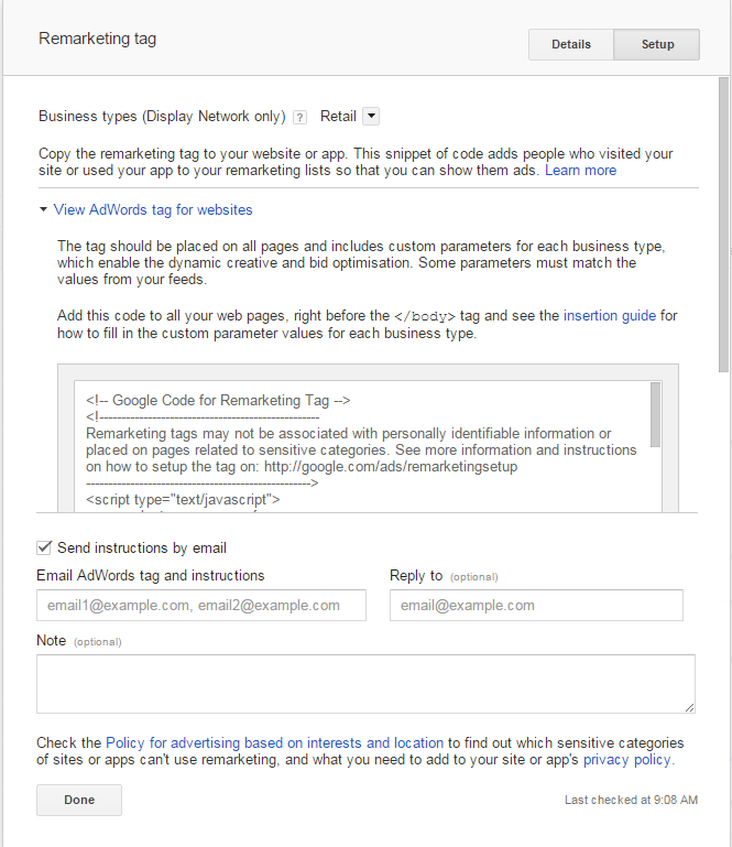 Select Business Type For Dynamic Remarketing