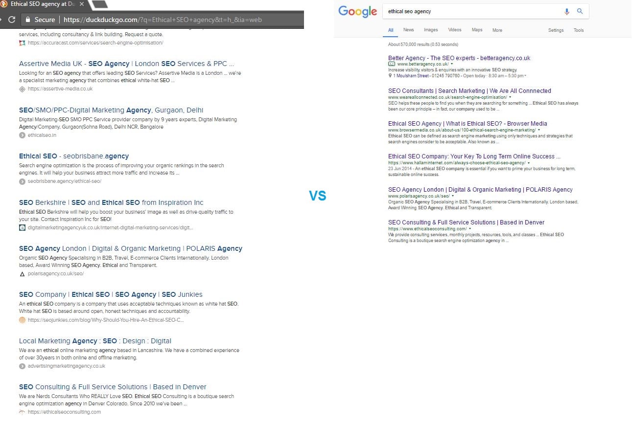DuckDuckGo vs Google - SERPs 2 - Browser Media