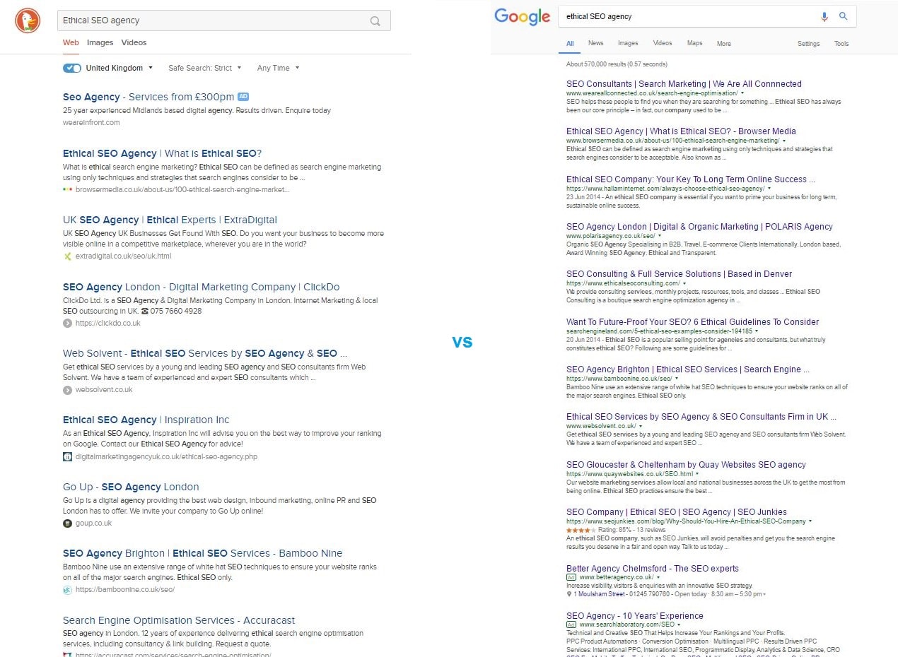 DuckDuckGo vs Google - SERPs - Browser Media