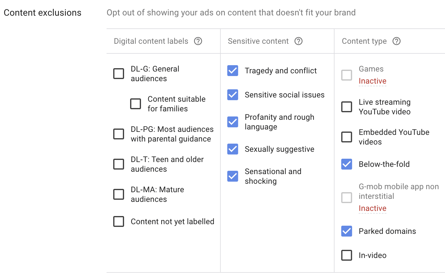 Content exclusion options