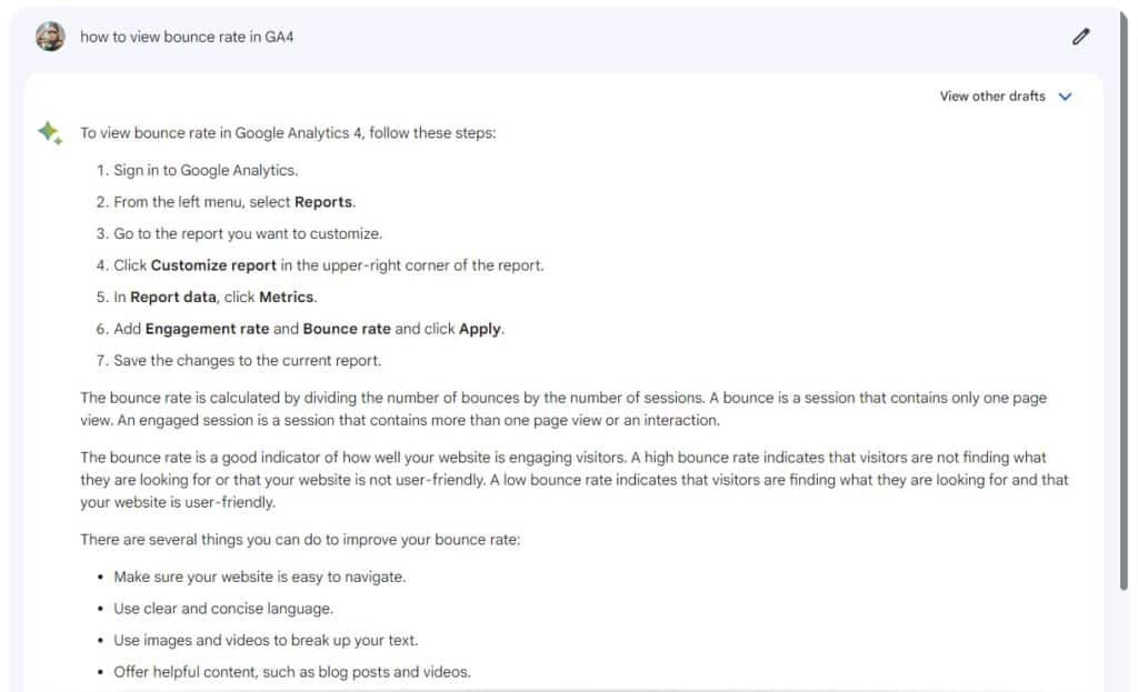 bard correct info for ga4 query