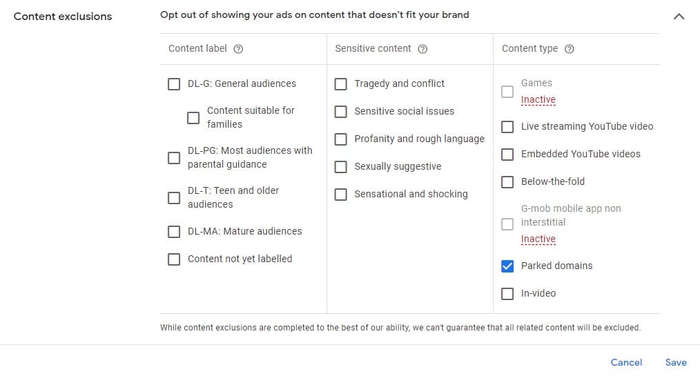 GDN content exclusions