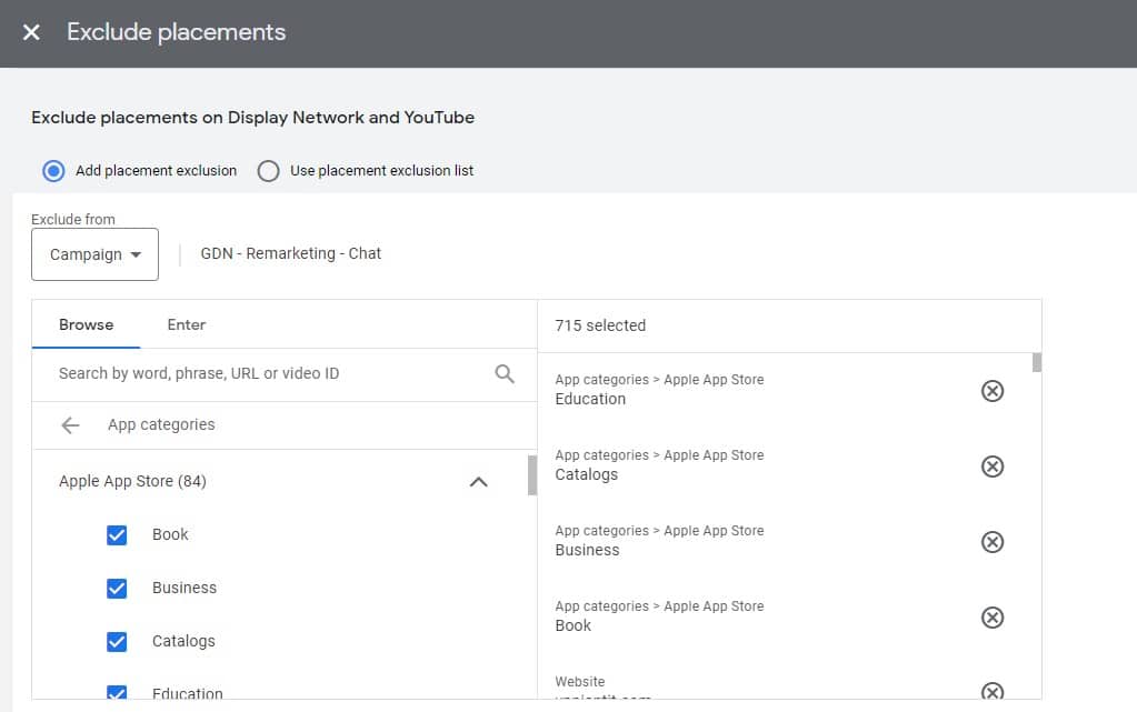 exclude apps from placements