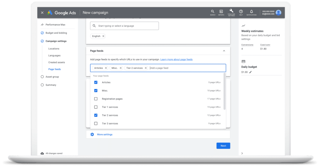page feeds performance max