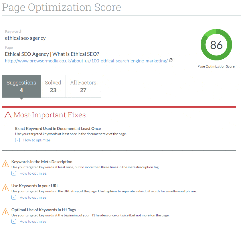 page optimisation score moz