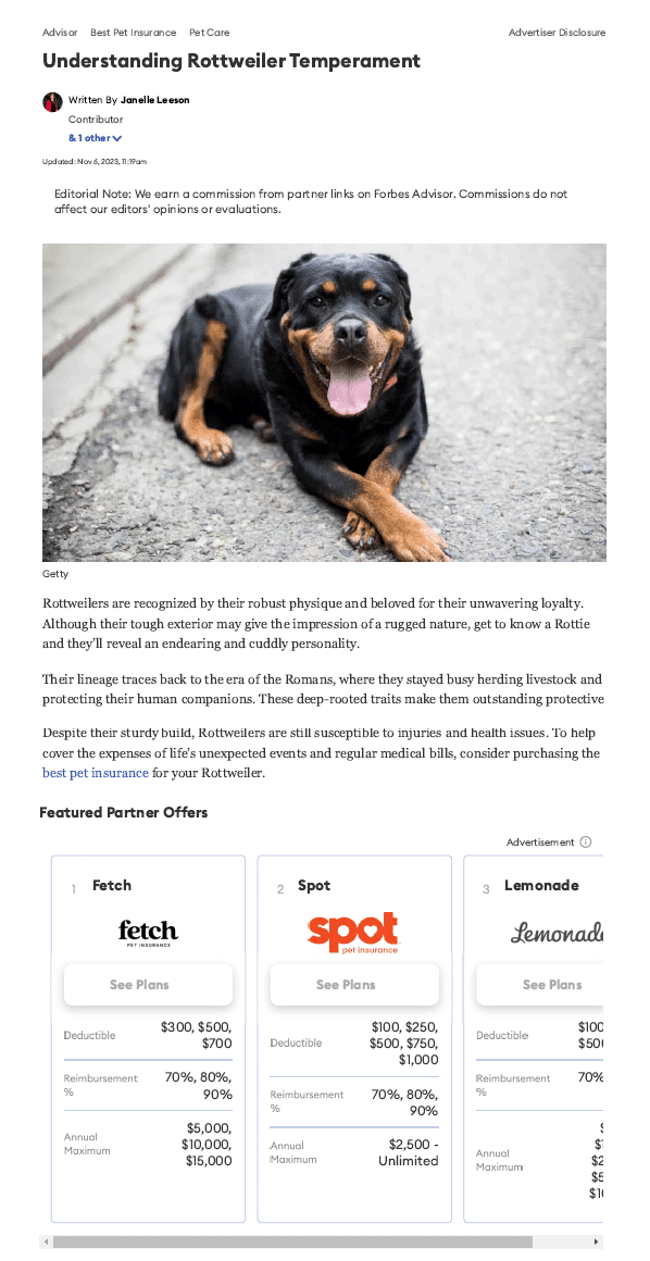 forbes screenshot of article ranking for rottweiler temprement