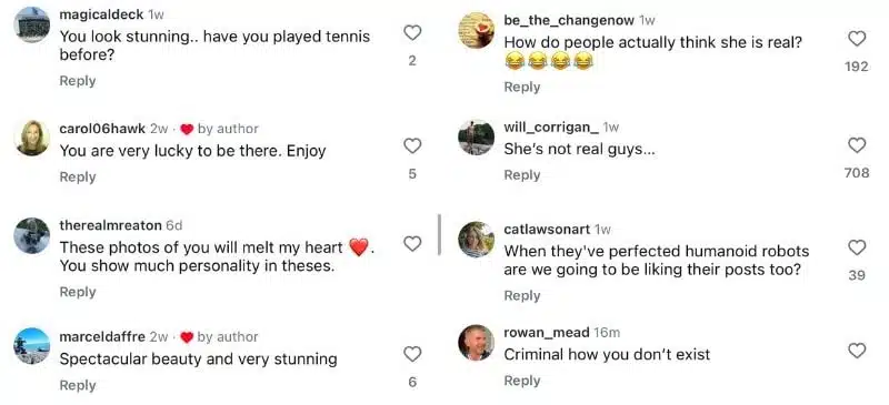 Screenshots of Mia Zelu's Instagram comments, showing both positive and critical responses.